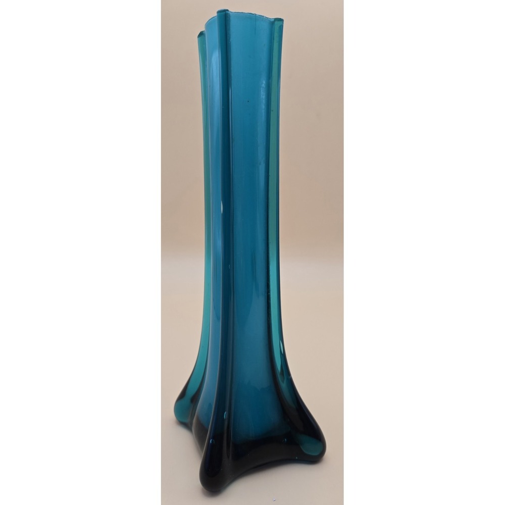 Vintage Teal Vase MCM 1970's Hand Blown Fostoia Footed Vase 8" Tall